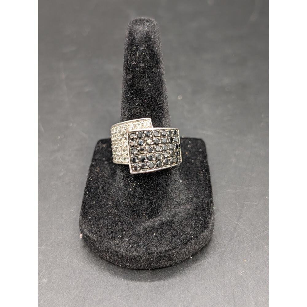 Vintage Premier Designs Opera Ring Rhodium Plated Black & Clear CZ Sz 8
